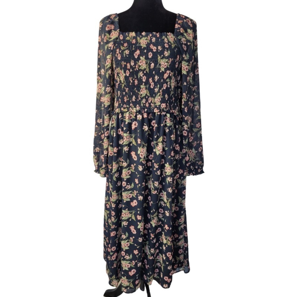 ✅ NWT 1.State black floral maxi dress smoked waist square neck size L - Picture 1 of 13